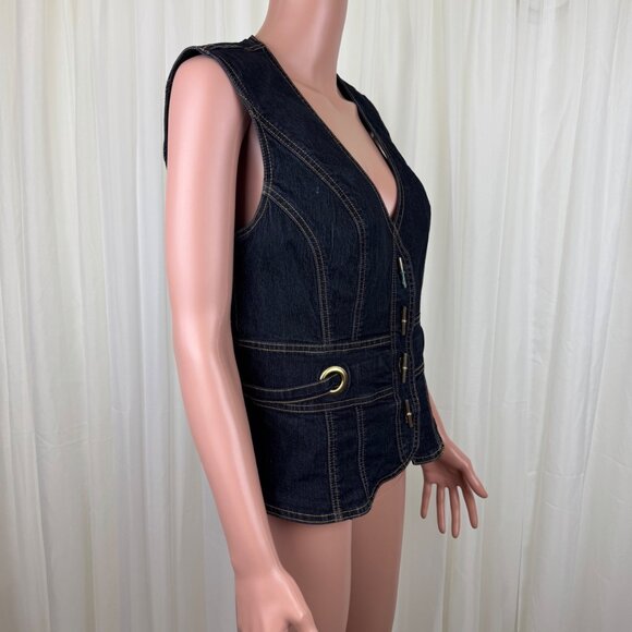 Women's Y2K Bisou Bisou Denim Jean V-Neck Vest Size Large Blue - Picture 4 of 9